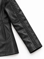 Women's Black Trimmed Detachable Hood & Braided Leather Jacket