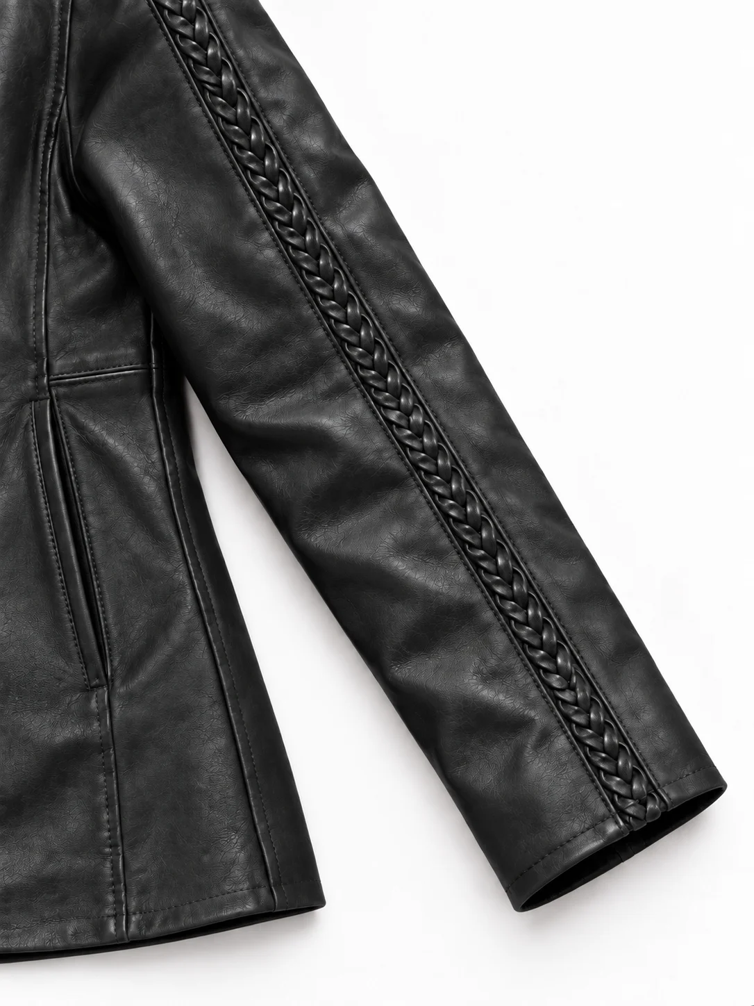 Women's Black Trimmed Detachable Hood & Braided Leather Jacket