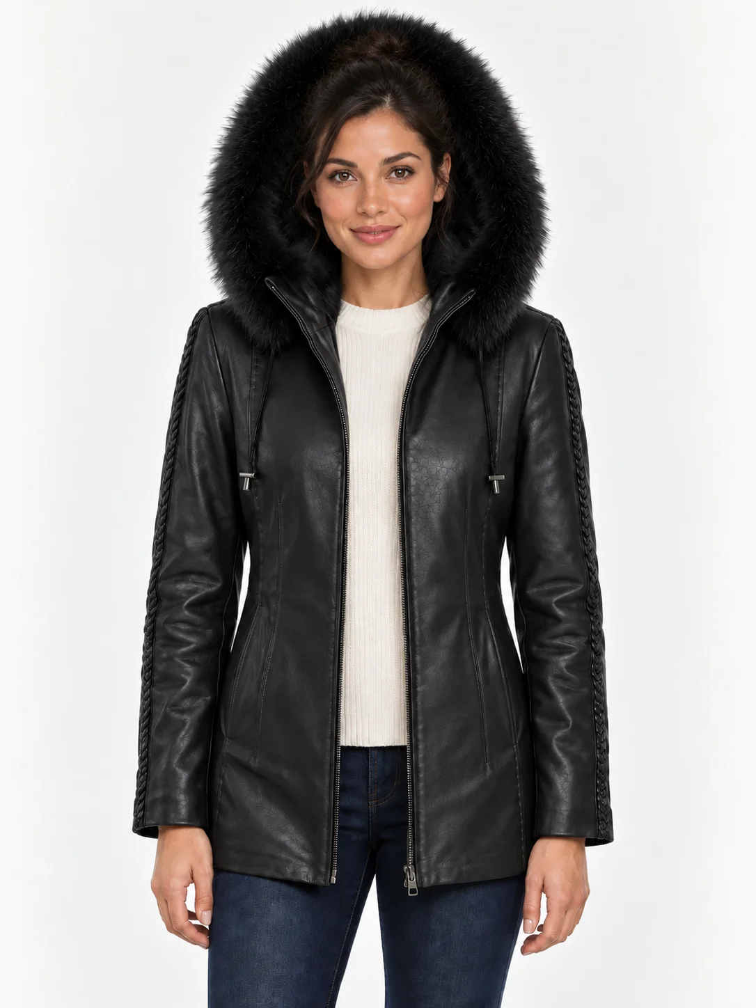 Women's Black Trimmed Detachable Hood & Braided Leather Jacket