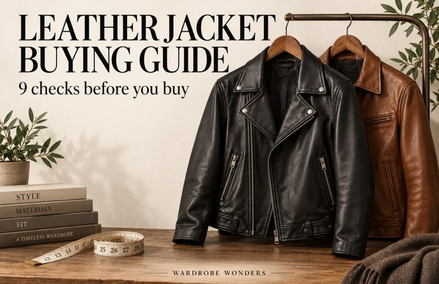 Leather jacket buying guide cover with black and brown jackets, a measuring tape, and nine checks before you buy.