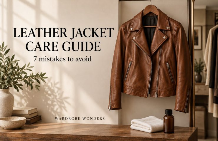 Leather jacket care guide cover with a brown jacket on a wooden hanger, a soft cloth, and a leather care bottle.