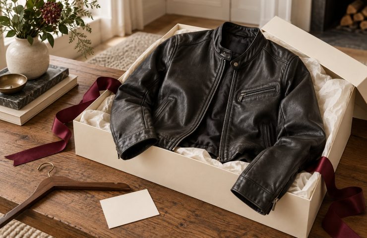 Illustration of a black leather jacket gift in an open cream box with tissue paper, burgundy ribbon, and a blank card.