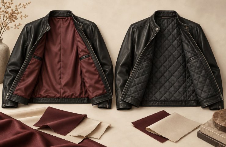 Illustration of two open black leather jackets showing smooth burgundy lining and charcoal diamond-quilted lining.