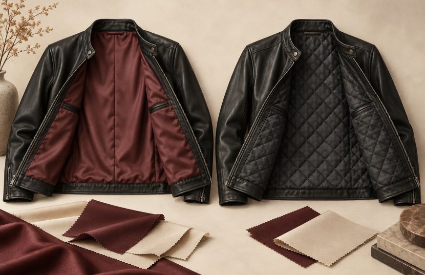 Illustration of two open black leather jackets showing smooth burgundy lining and charcoal diamond-quilted lining.