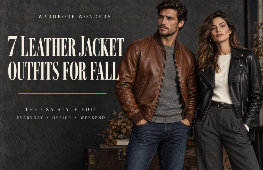 Fall leather jacket outfits: a man in a brown bomber and a woman in a black biker jacket, with Wardrobe Wonders style guide title.