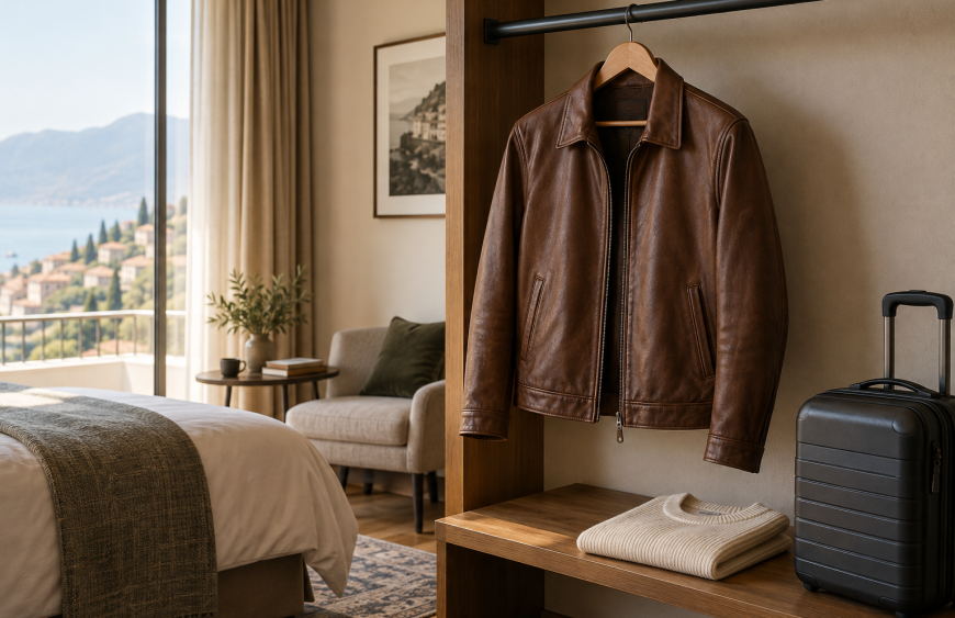 Brown leather jacket on a wooden hanger beside a carry-on suitcase and cream sweater in a hotel room.