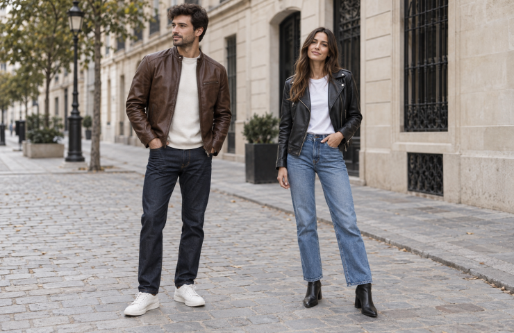 Leather jacket with jeans outfits: a man in brown leather and dark denim beside a woman in a black biker jacket and blue jeans.