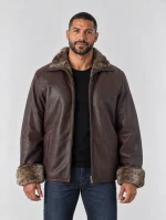 Men's Zip Up Collar Sheep Skin Leather Shearling Style Coat