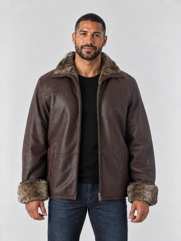 Men's Zip Up Collar Sheep Skin Leather Shearling Style Coat