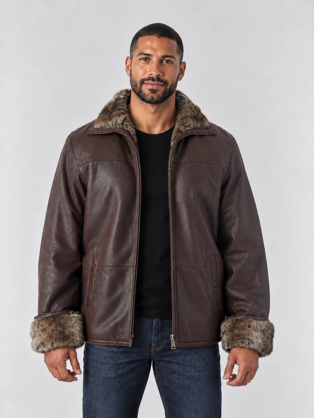 Men's Zip Up Collar Sheep Skin Leather Shearling Style Coat