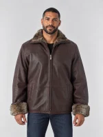 Men's Zip Up Collar Sheep Skin Leather Shearling Style Coat