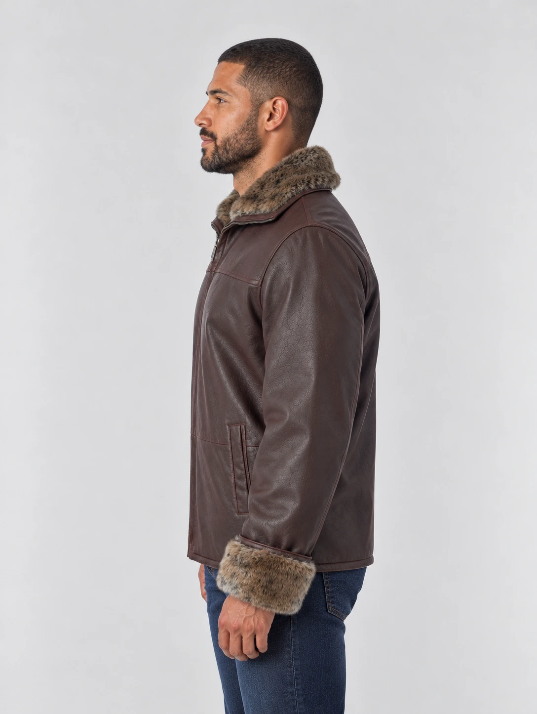 Men's Zip Up Collar Sheep Skin Leather Shearling Style Coat