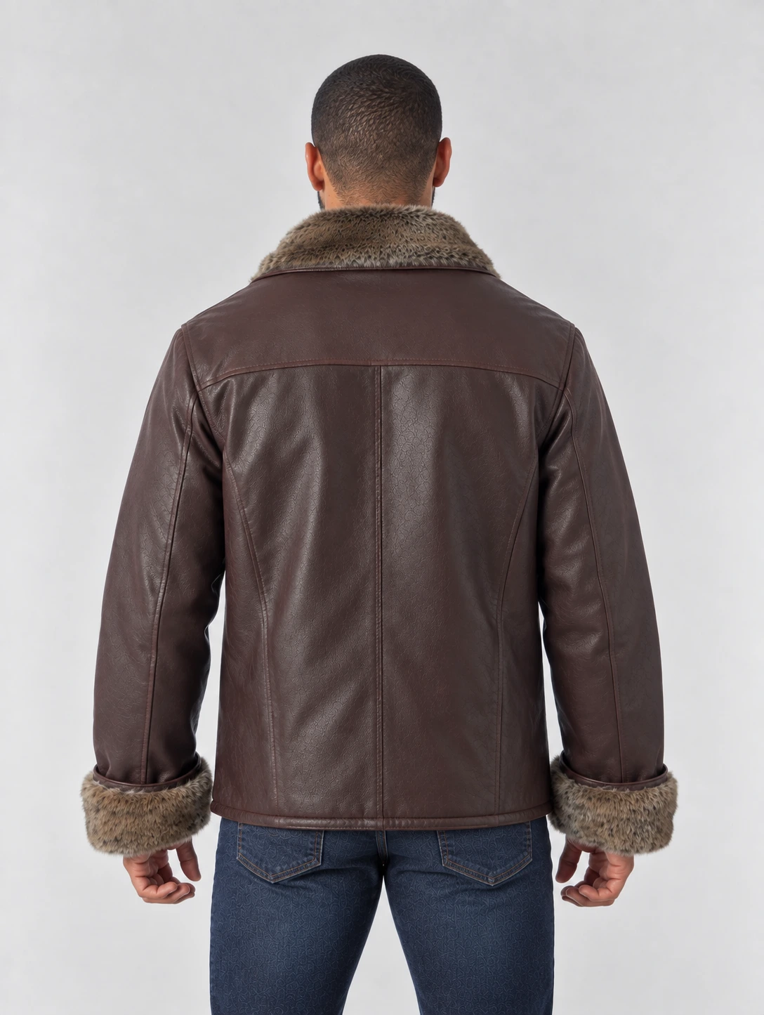 Men's Zip Up Collar Sheep Skin Leather Shearling Style Coat