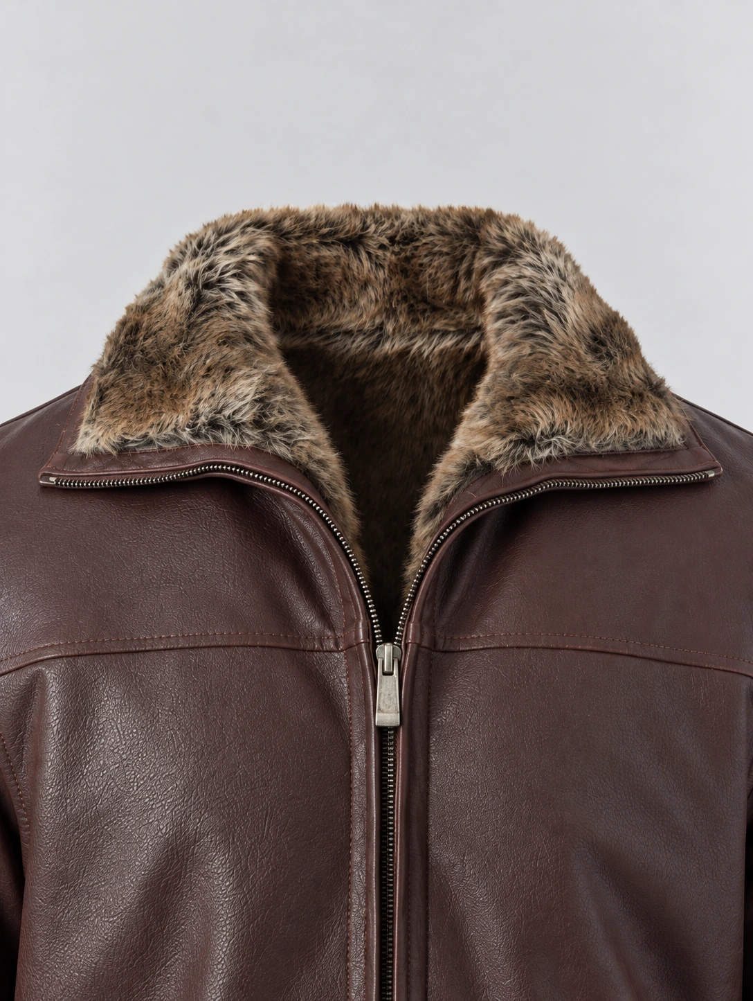 Men's Zip Up Collar Sheep Skin Leather Shearling Style Coat