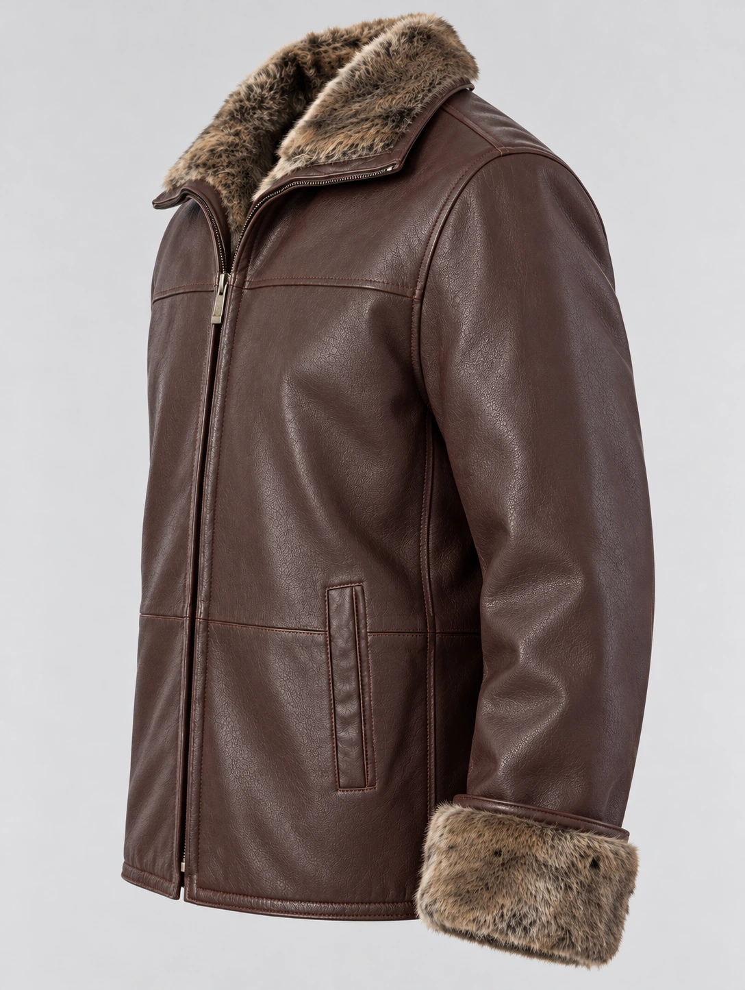 Men's Zip Up Collar Sheep Skin Leather Shearling Style Coat