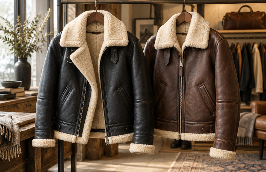 Black and brown aviator leather jackets with cream fleece-style collars and visible lining on wooden hangers.