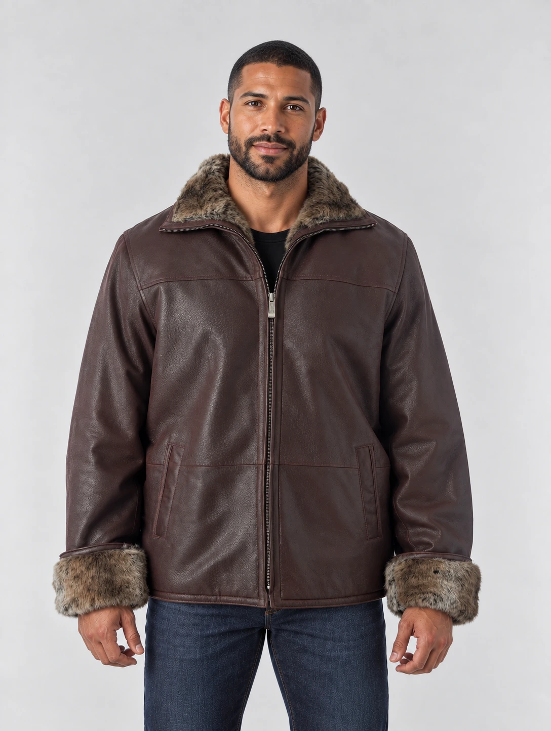 Men's Zip Up Collar Sheep Skin Leather Shearling Style Coat