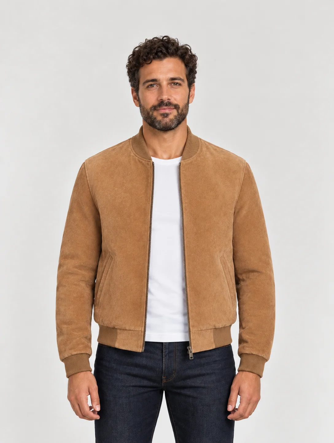 Men's Baseball Suede Leather Jacket In Brown