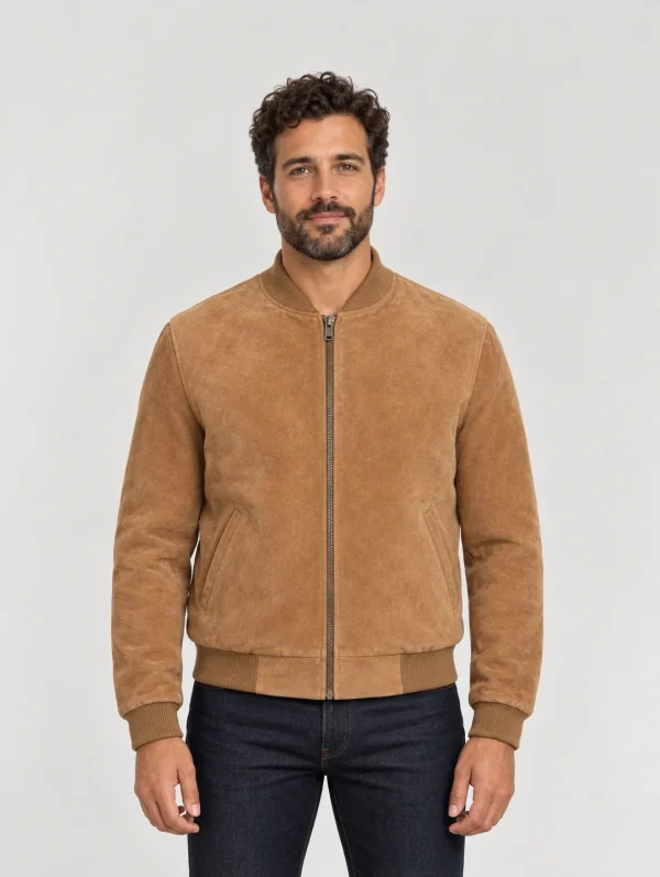 Men's Baseball Suede Leather Jacket In Brown