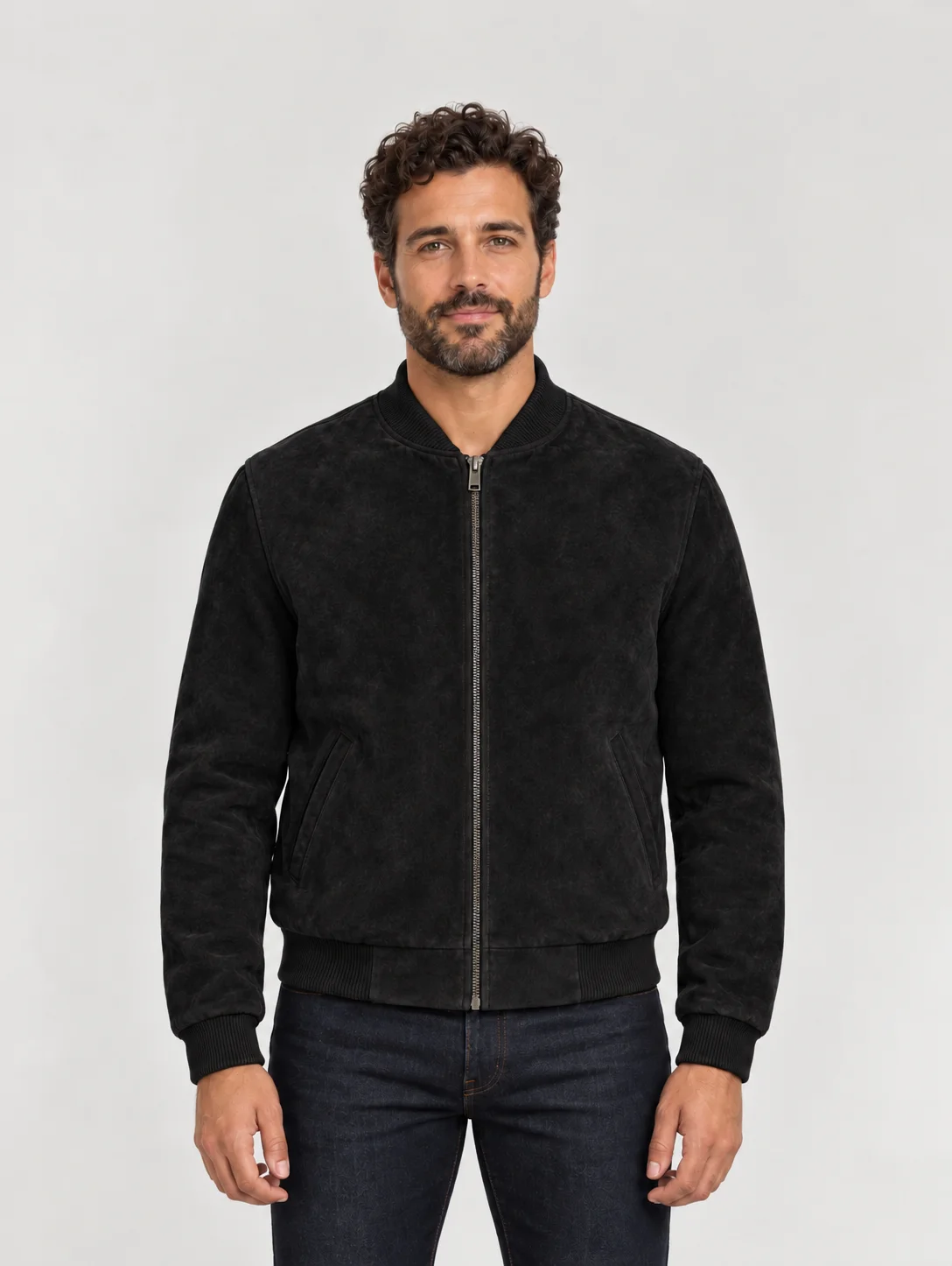 Men's Baseball Suede Leather Jacket In Black