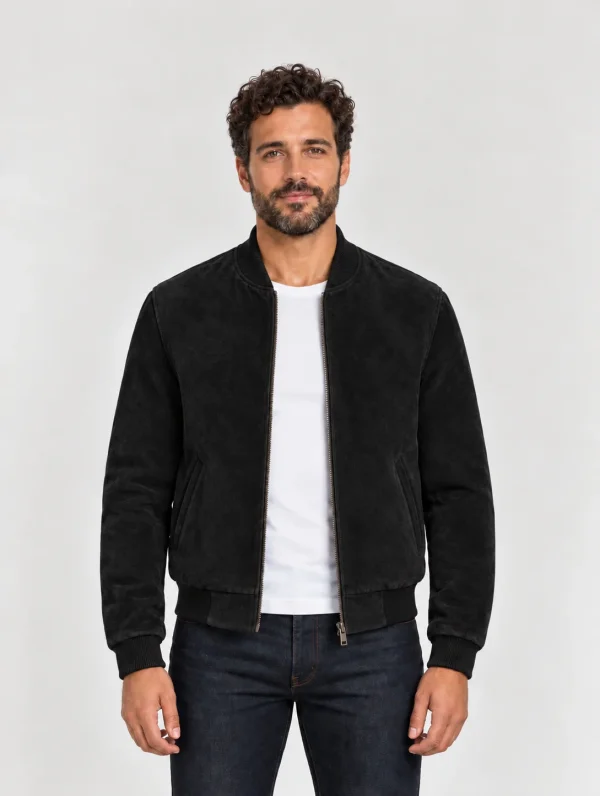 Men's Baseball Suede Leather Jacket In Black