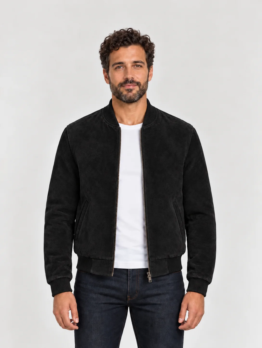 Men's Baseball Suede Leather Jacket In Black