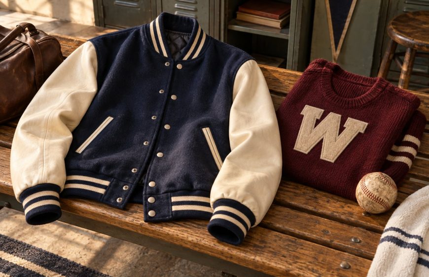 Varsity jacket history illustration with a navy and cream jacket, burgundy letter sweater, and baseball on a wooden bench.