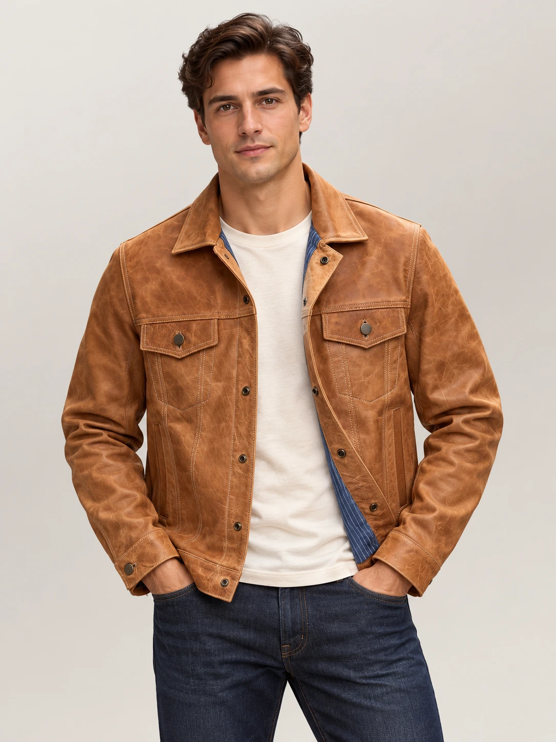 Men's Vintage Trucker Cowhide Leather Jacket