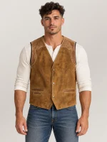 Men's Suede Western Garrison Leather Vest In Tan
