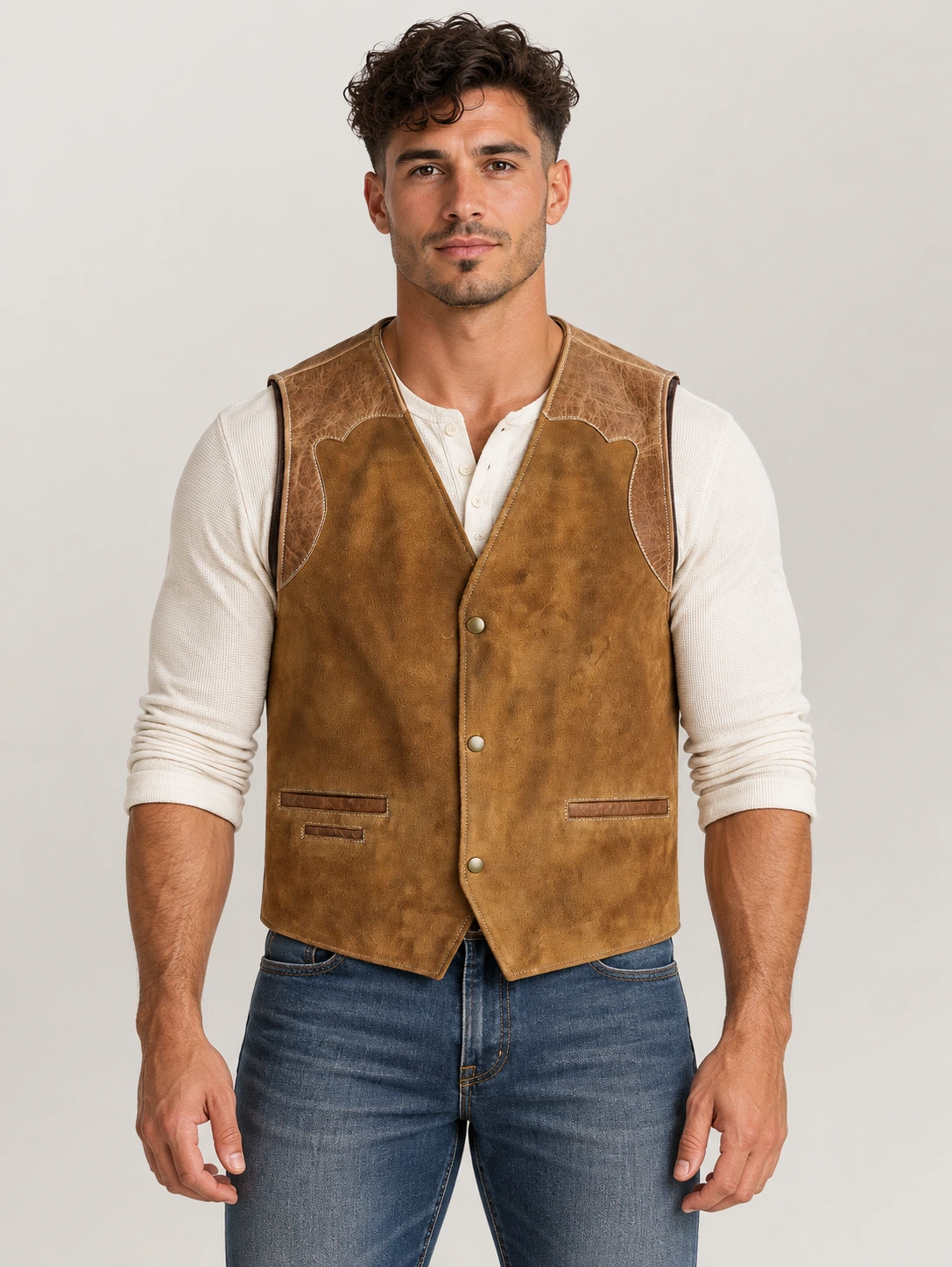 Men's Suede Western Garrison Leather Vest In Tan