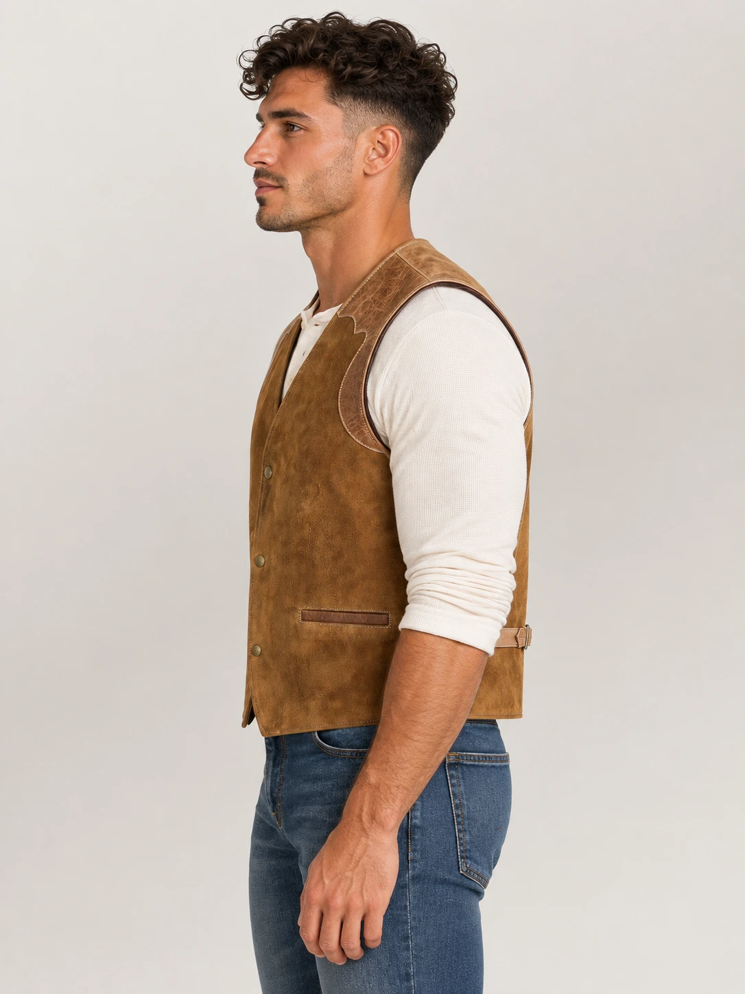 Men's Suede Western Garrison Leather Vest In Tan
