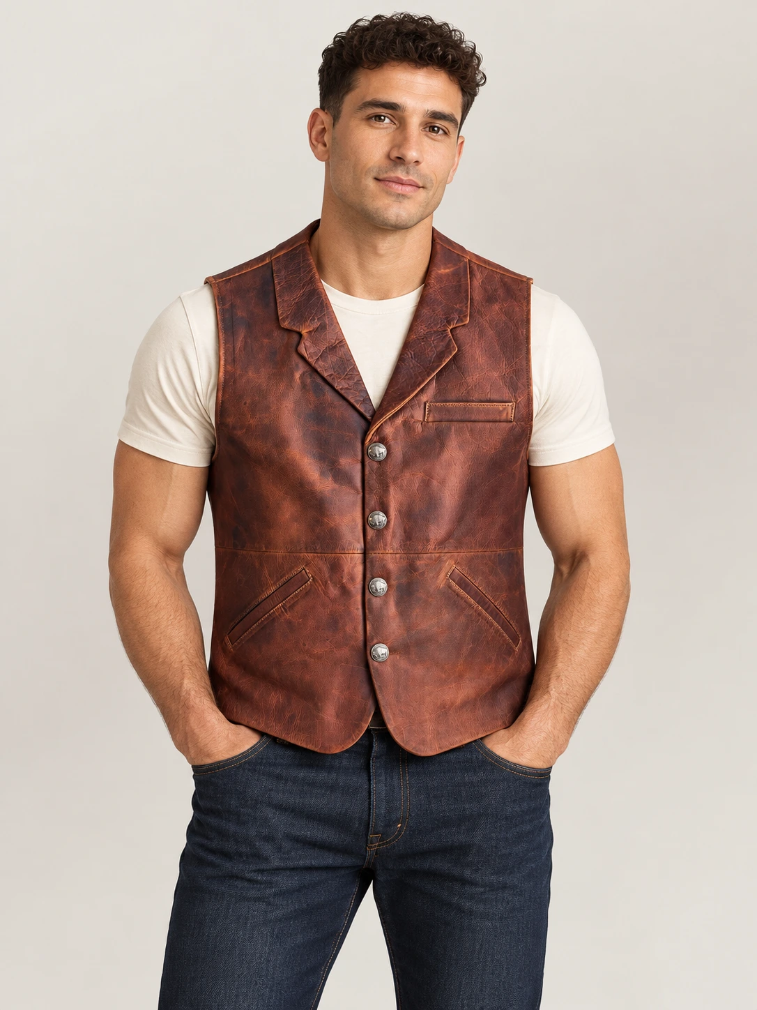 Men's Classic Atique Brown Western Lapel Cowhide Leather Vest