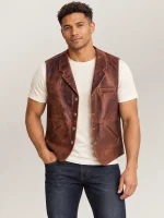 Men's Classic Atique Brown Western Lapel Cowhide Leather Vest