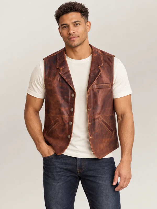 Men's Classic Atique Brown Western Lapel Cowhide Leather Vest