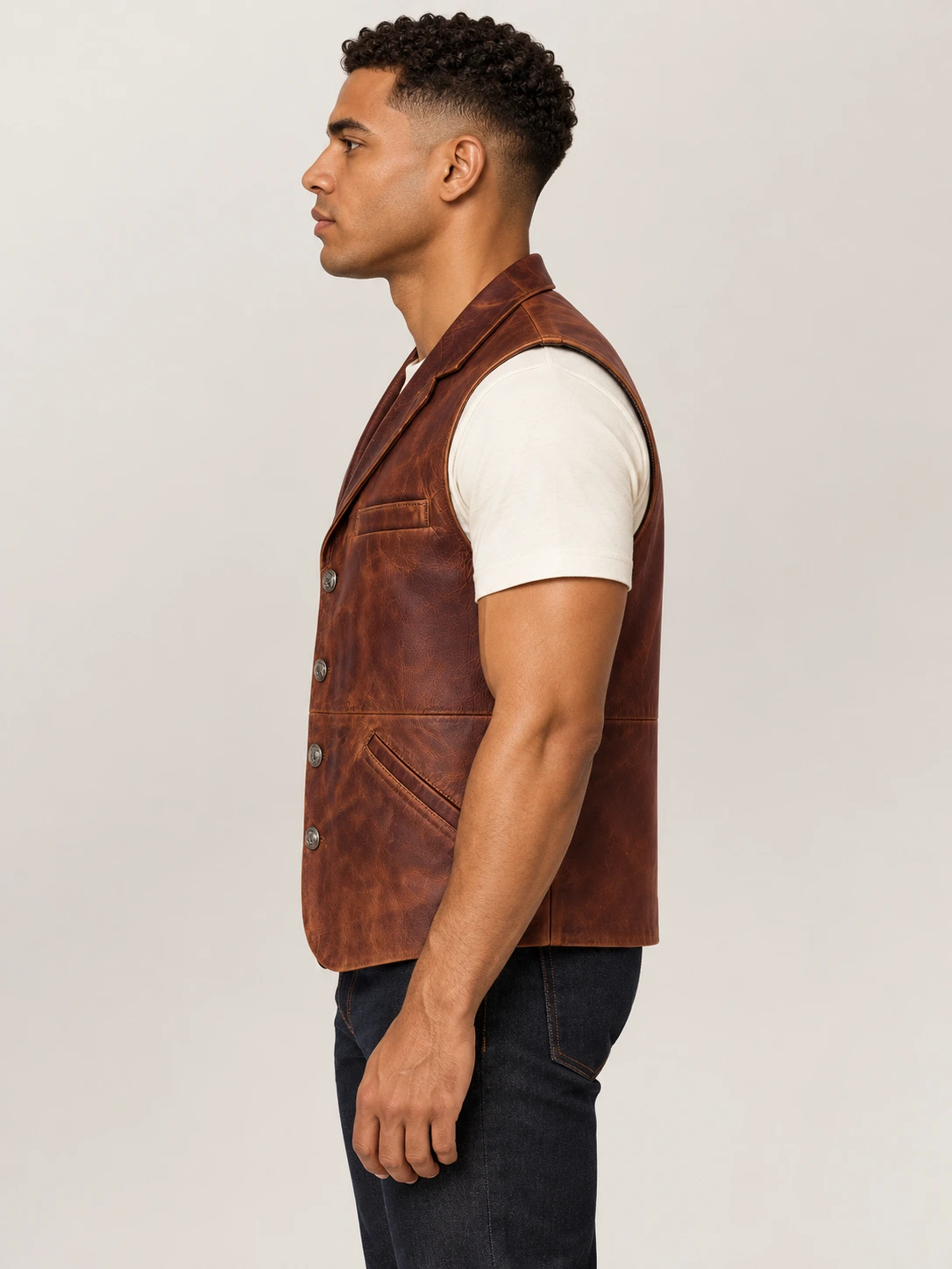 Men's Classic Atique Brown Western Lapel Cowhide Leather Vest