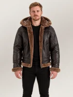 Men's Livigno Brown Hooded Real Shearling Bomber Jacket