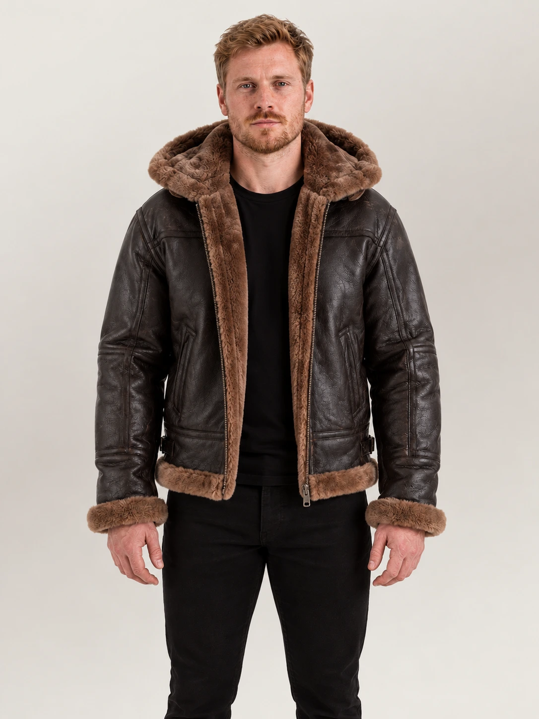 Men's Livigno Brown Hooded Real Shearling Bomber Jacket