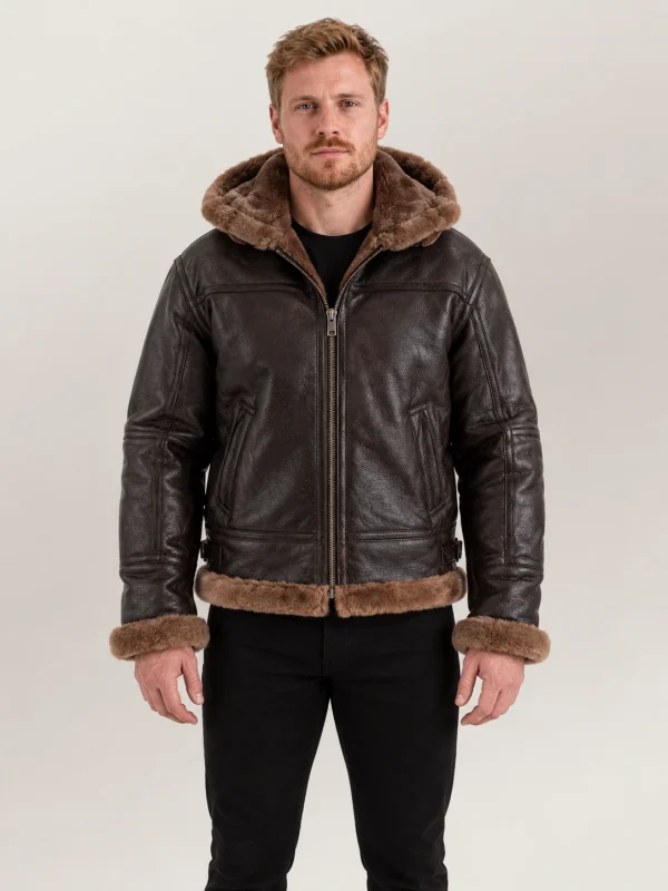 Men's Livigno Brown Hooded Real Shearling Bomber Jacket