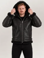 Men's Livigno Black Hooded Real Shearling Bomber Jacket