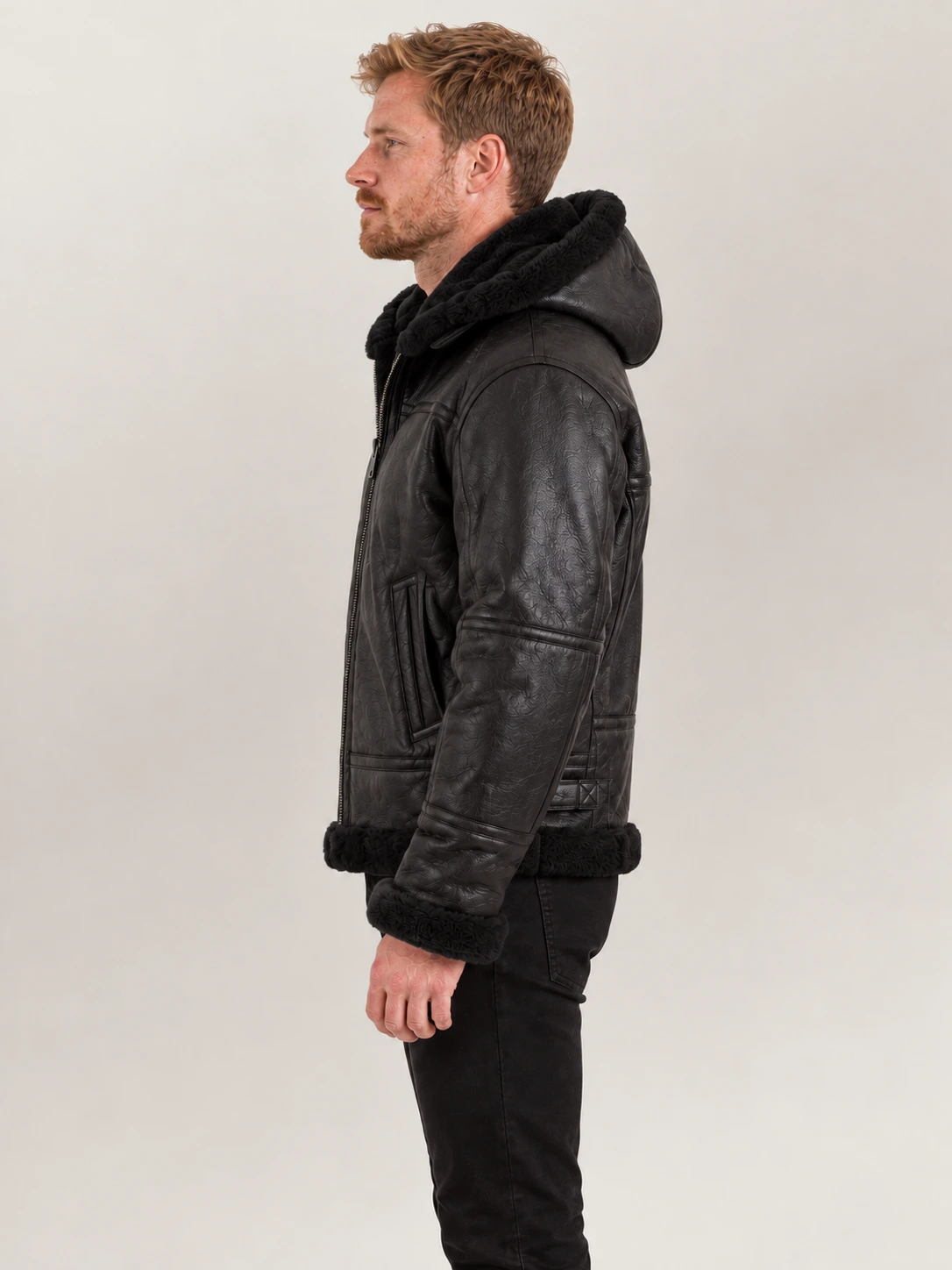 Men's Livigno Black Hooded Real Shearling Bomber Jacket