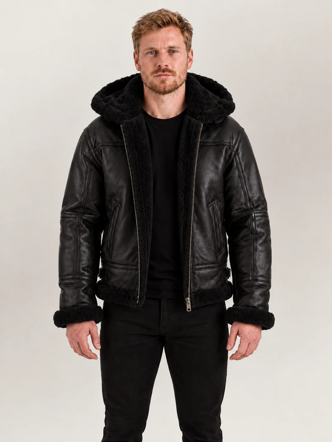 Men's Livigno Black Hooded Real Shearling Bomber Jacket