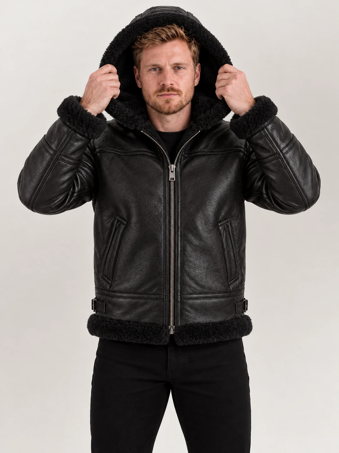 Men's Livigno Black Hooded Real Shearling Bomber Jacket