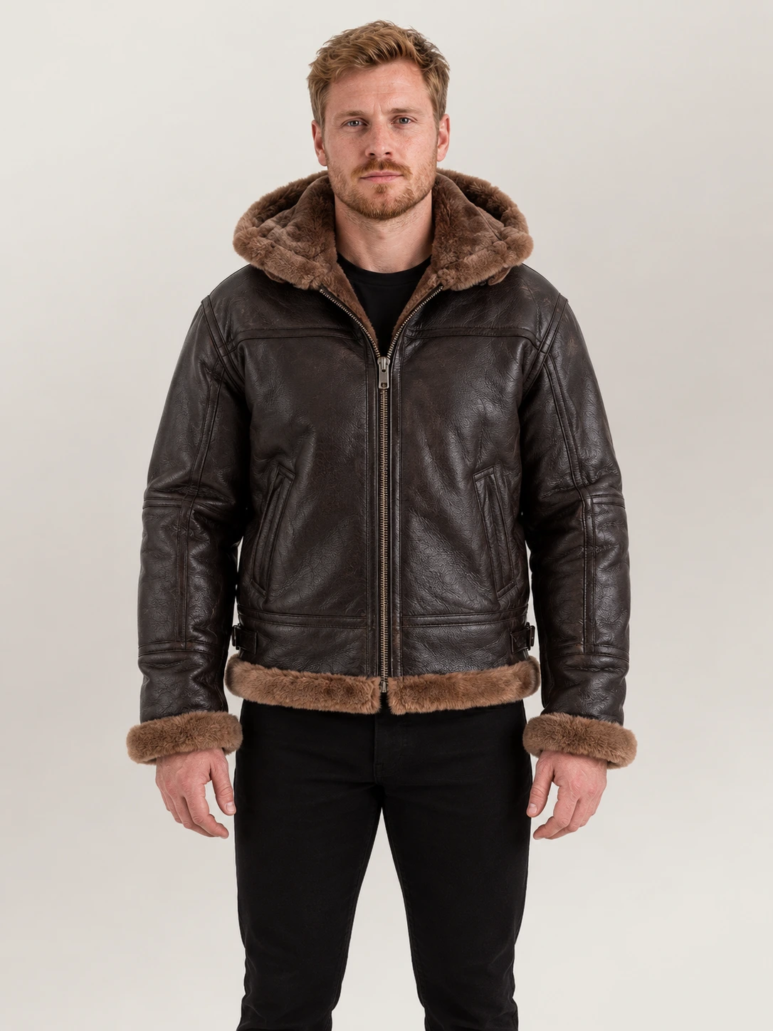 Men's Livigno Brown Hooded Real Shearling Bomber Jacket