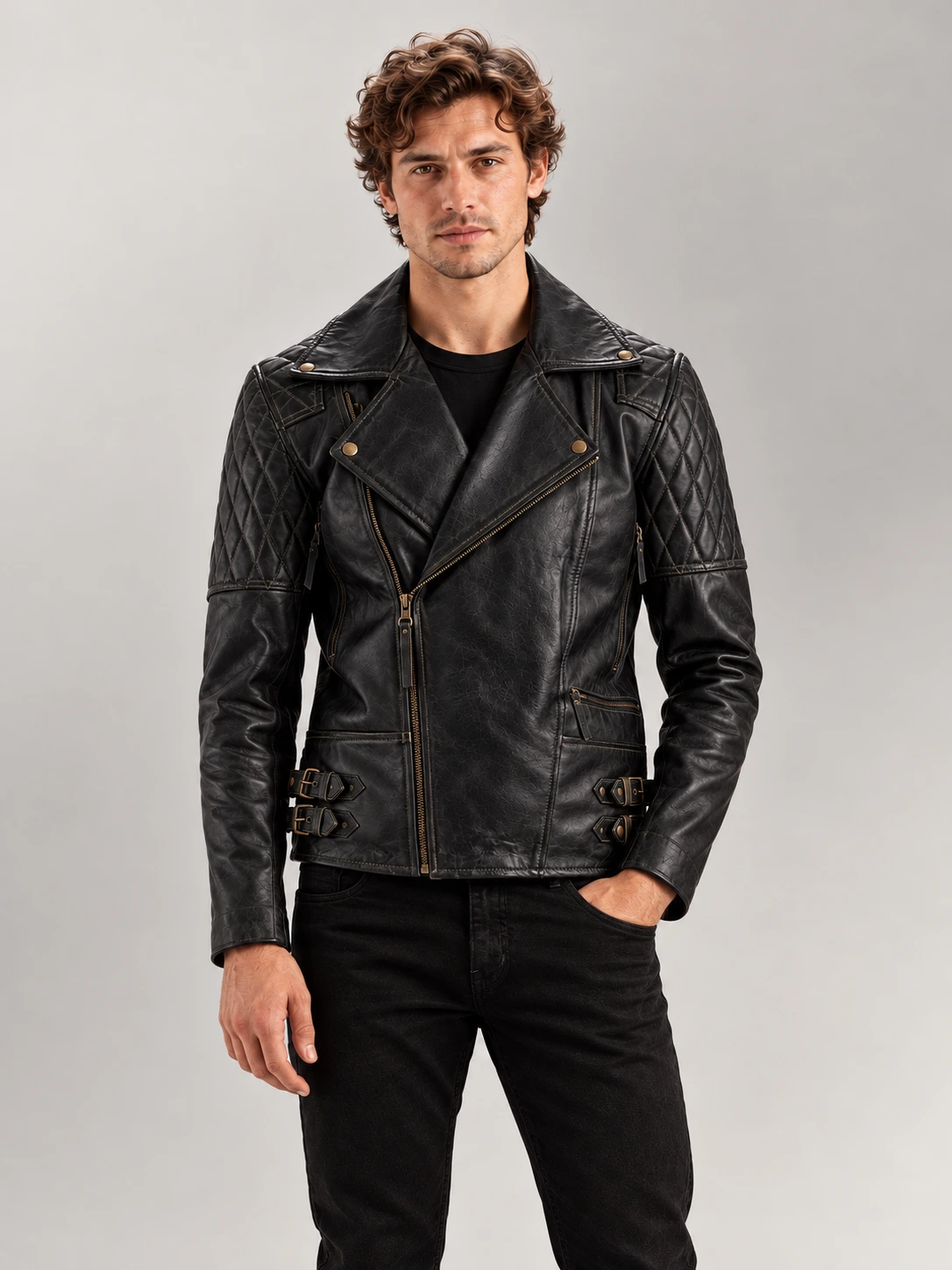 Men's Bari Black Biker Leather Jacket