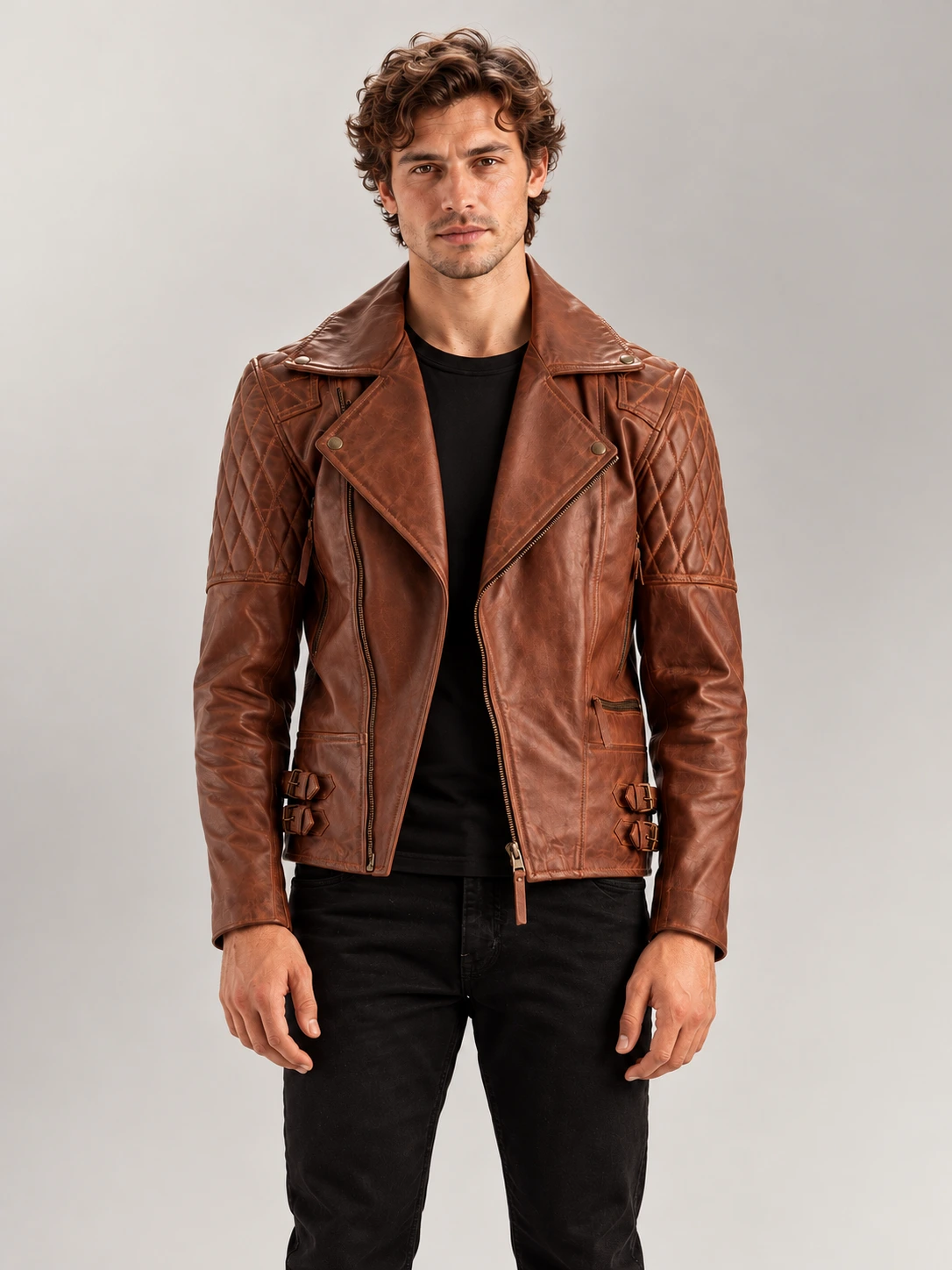 Men's Bari Brown Biker Leather Jacket