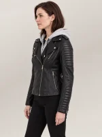 Women's Lavaredo Black Hooded Leather Bomber Jacket