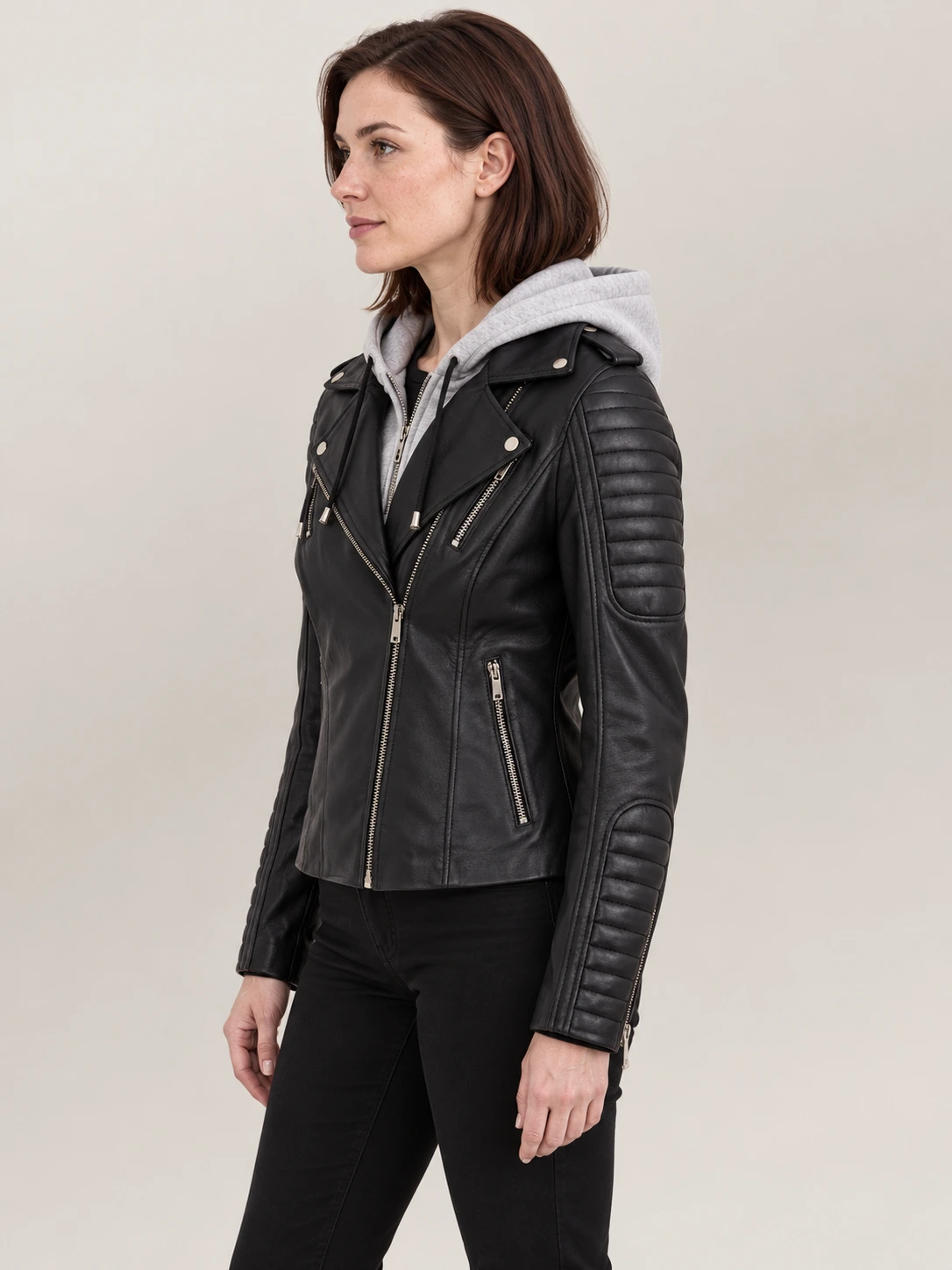 Women's Lavaredo Black Hooded Leather Bomber Jacket