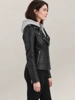 Women's Lavaredo Black Hooded Leather Bomber Jacket
