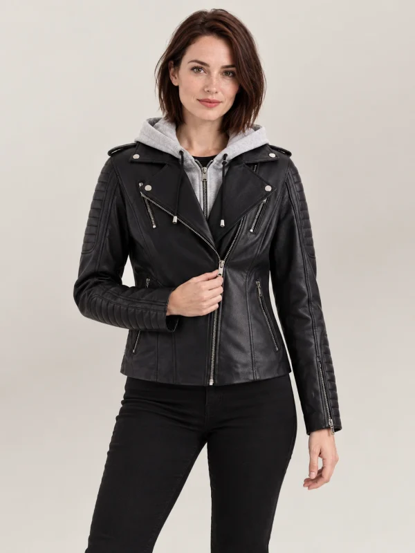 Women's Lavaredo Black Hooded Leather Bomber Jacket