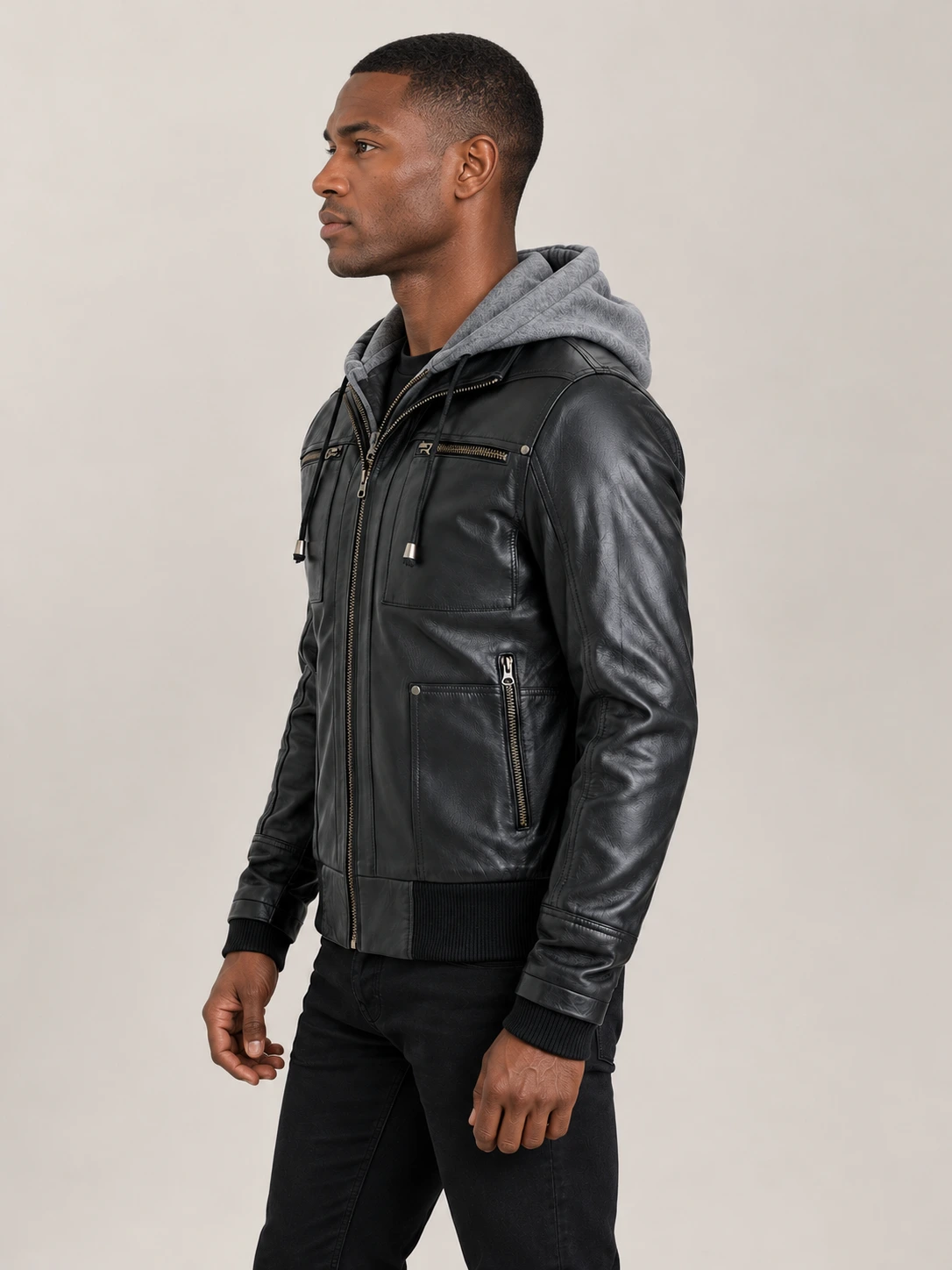 Men's Palermo Black Hooded Leather Bomber Jacket